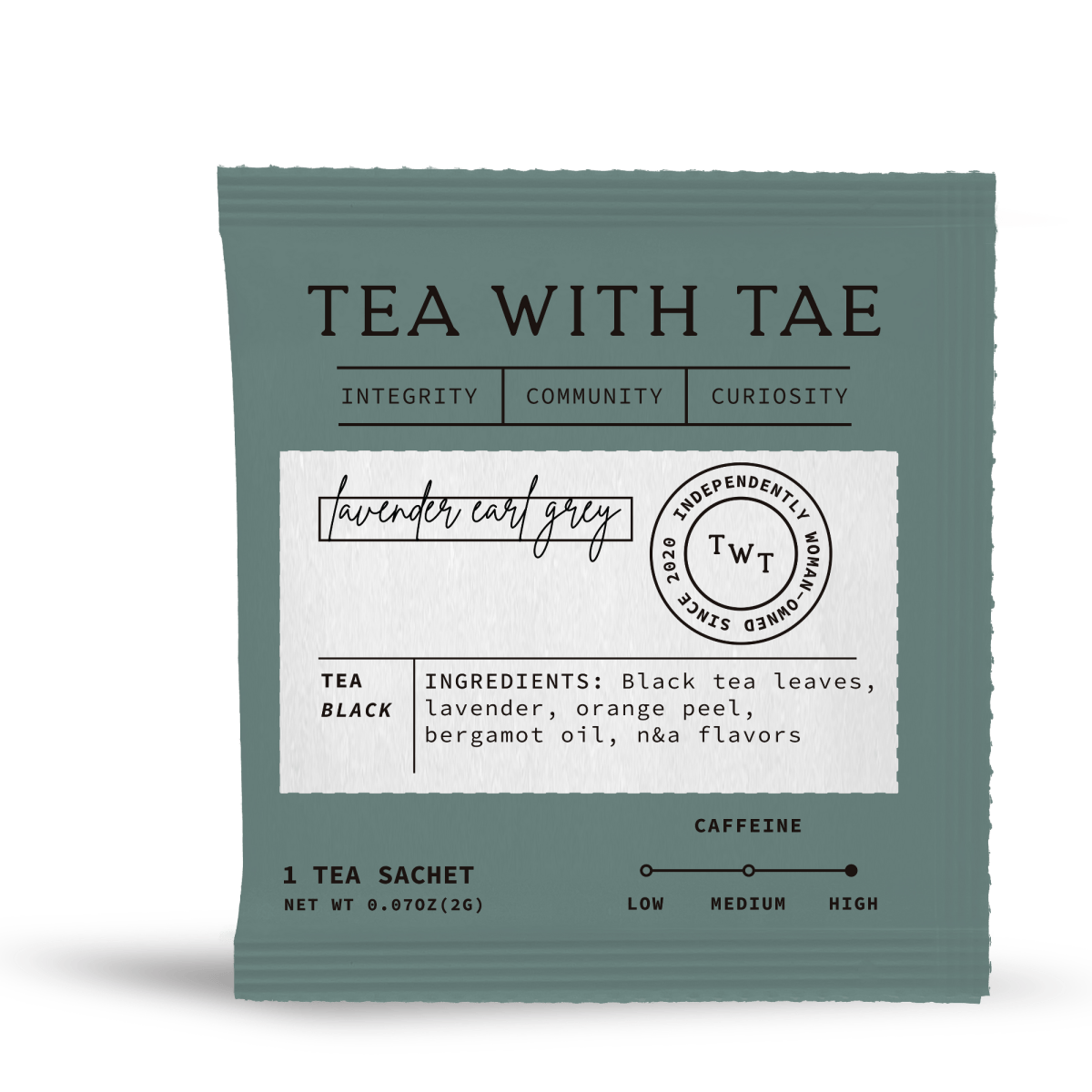 Tea with Tae Lavender Earl Grey 50 ct. Overwrap Bag, featuring 50 individually-wrapped pyramid tea bags for on-the-go enjoyment.