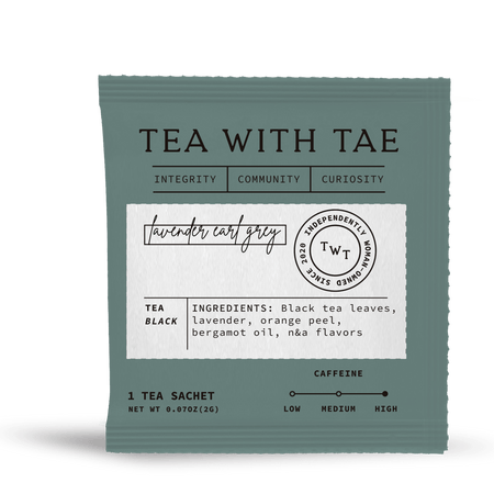 Tea with Tae Lavender Earl Grey 50 ct. Overwrap Bag, featuring 50 individually-wrapped pyramid tea bags for on-the-go enjoyment.