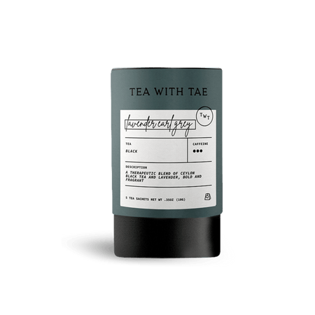 Tea with Tae Lavender Earl Grey Mini Tea Tube (5 tea bags) featuring eco-friendly sachets for brewing bold and floral tea blends.