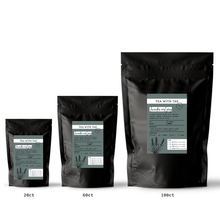 Tea with Tae Lavender Earl Grey Pouch, eco-friendly tea sachets, featuring a blend of Ceylon black tea, lavender, and bergamot.