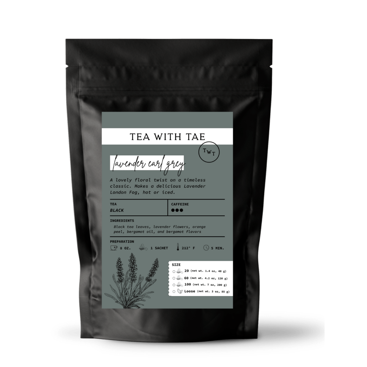 Tea with Tae Lavender Earl Grey Pouch, a tea blend featuring lavender and bergamot, presented in a resealable pouch.
