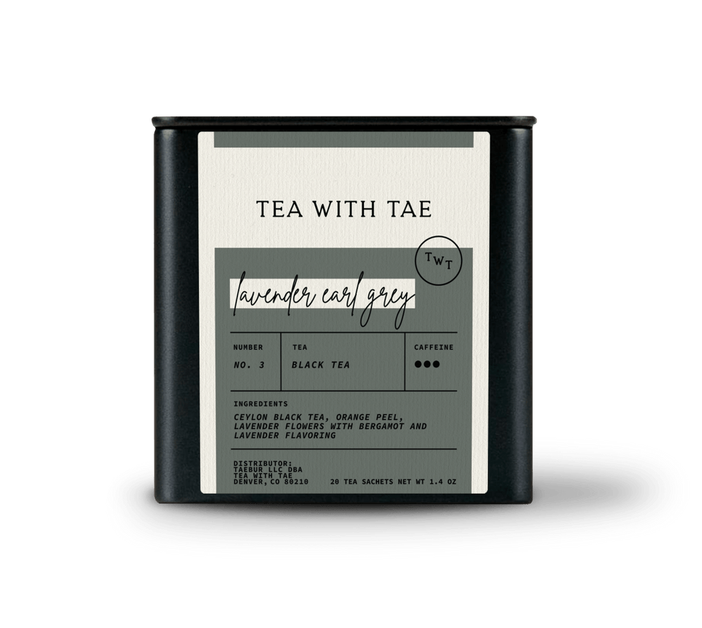 Tea with Tae Lavender Earl Grey Tea Tin Gift (20 tea sachets) featuring a floral design, eco-friendly sachets, and compact size.