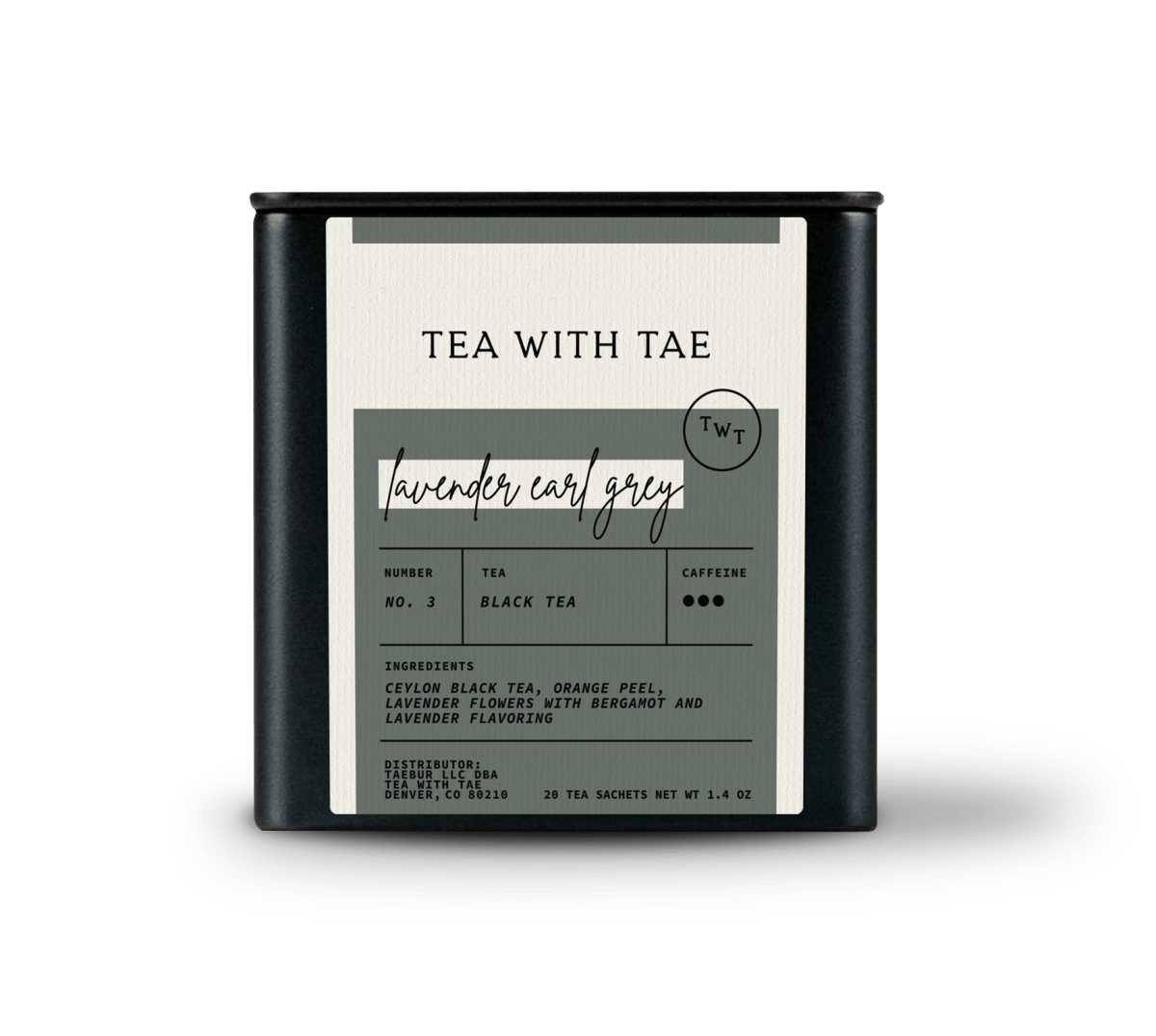 Tea with Tae Lavender Earl Grey Tea Tin Gift (20 tea sachets) featuring a floral design, eco-friendly sachets, and compact size.