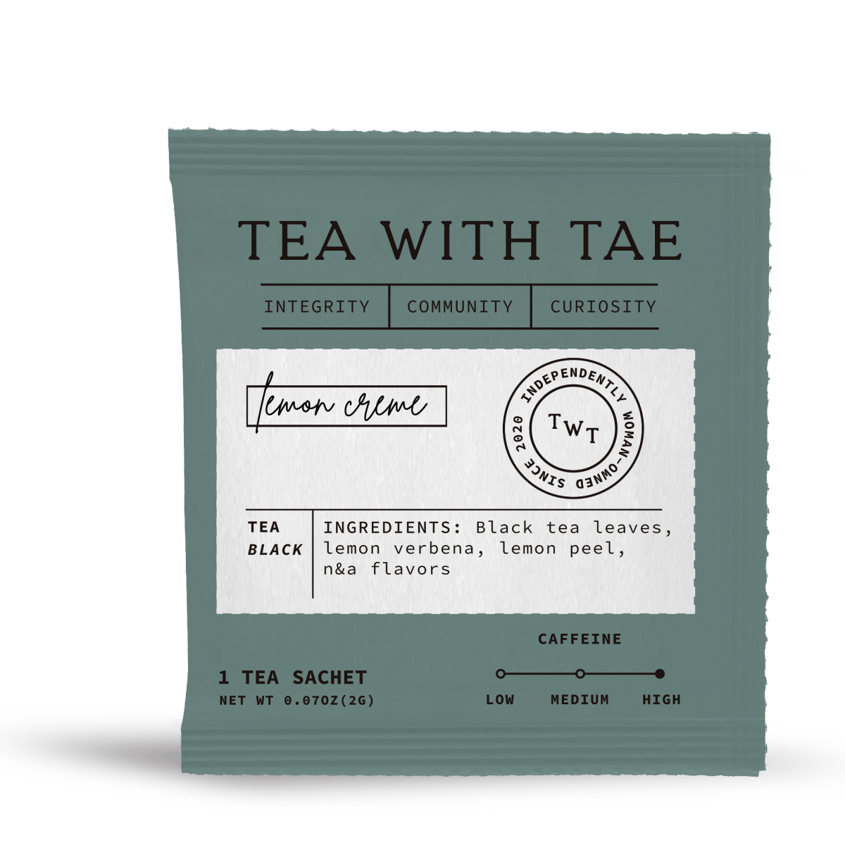 Tea with Tae Lemon Crème 50 ct. Overwrap Bag with individually-wrapped tea bags, showing the packaging and product details.