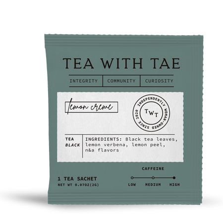Tea with Tae Lemon Crème 50 ct. Overwrap Bag with individually-wrapped tea bags, showing the packaging and product details.