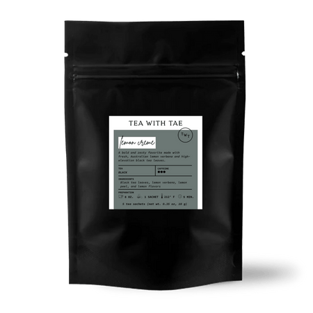 Tea with Tae Lemon Crème 5ct. Pouch, showing five pyramid sachets of Ceylon black tea with lemon verbena and lemon peel.