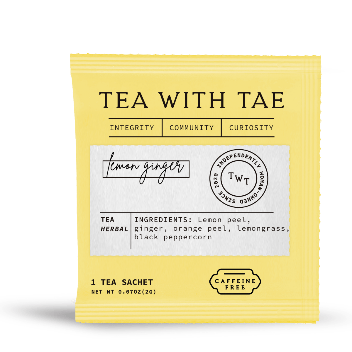 Tea with Tae Lemon Ginger 50 ct. Overwrap Bag featuring 50 individually-wrapped tea bags in recyclable packaging.