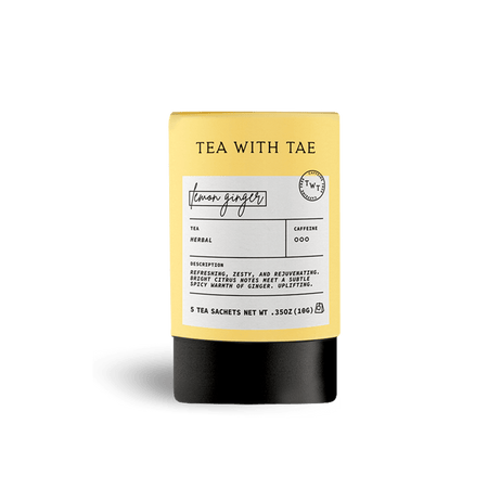 Tea with Tae Lemon Ginger Mini Tea Tube (5 tea bags) featuring eco-friendly sachets for herbal tea infusion, caffeine-free blend.