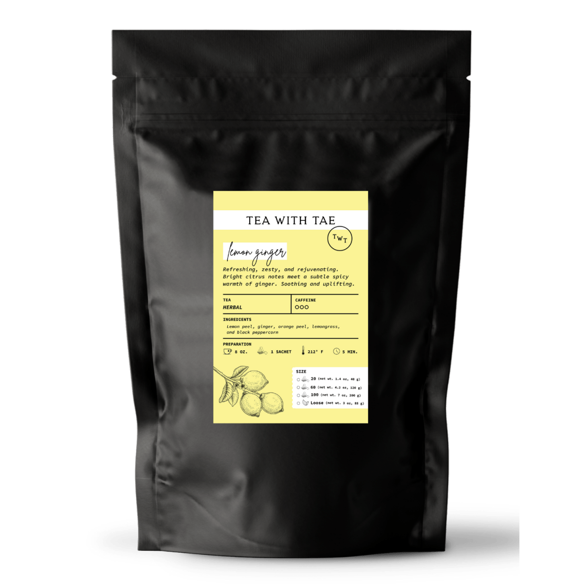Tea with Tae Lemon Ginger Pouch featuring a lemon ginger blend, packaged in a clear pouch by Tea with Tae.
