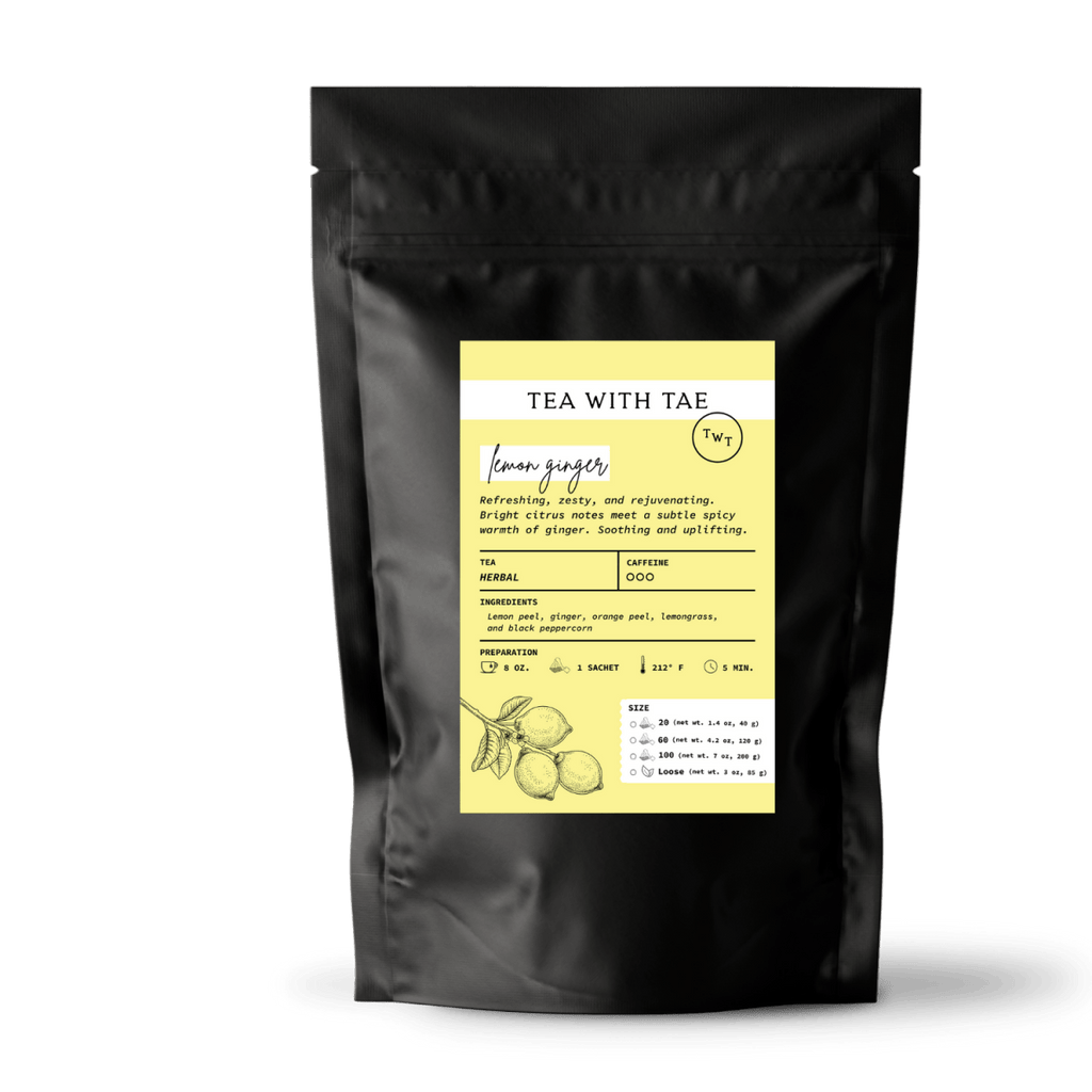 Tea with Tae Lemon Ginger Pouch, a yellow and green tea pouch featuring lemon and ginger flavors, by Tea with Tae.