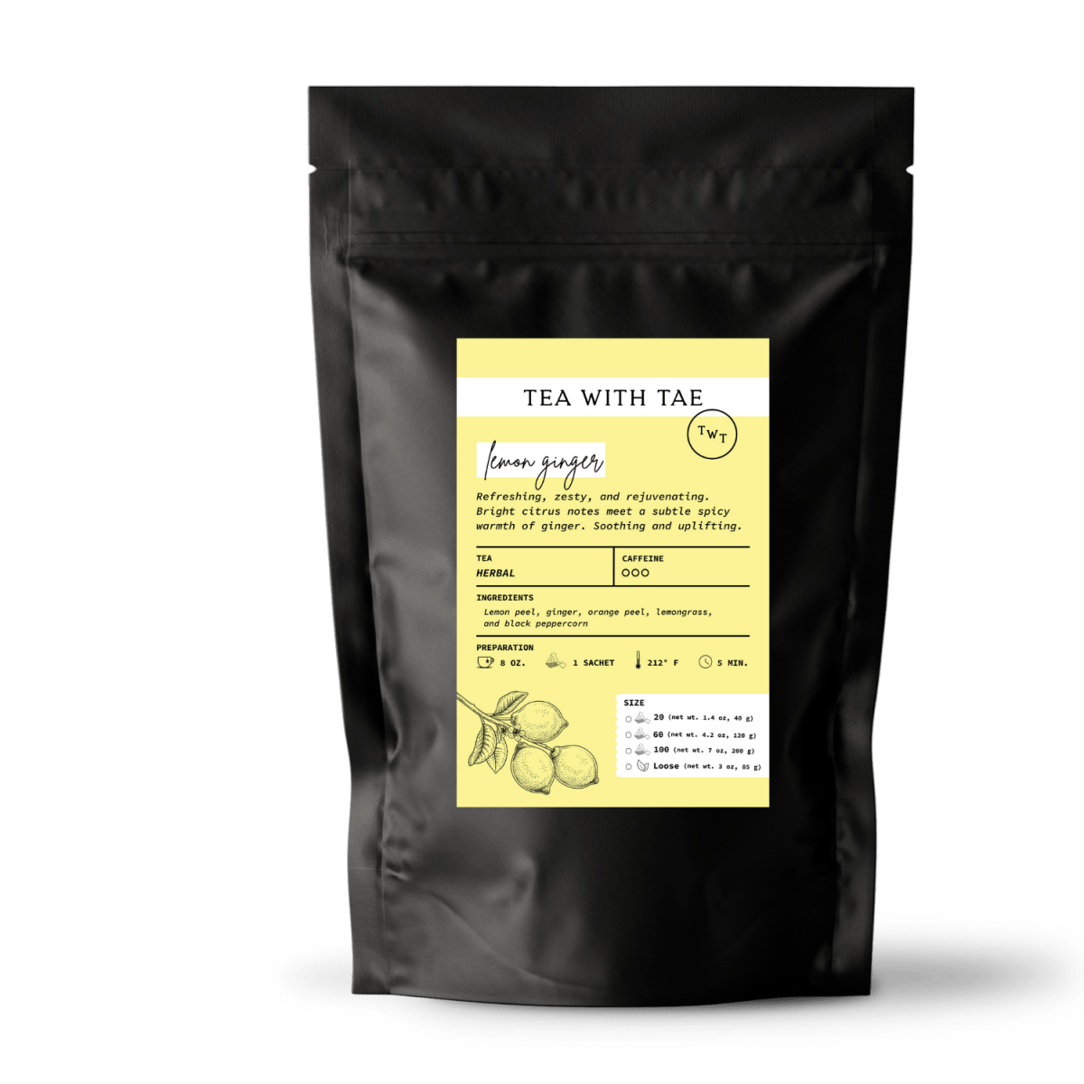 Tea with Tae Lemon Ginger Pouch, a yellow and green tea pouch featuring lemon and ginger flavors, by Tea with Tae.