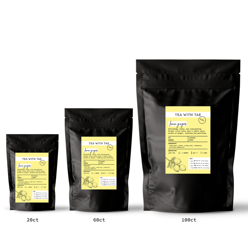 Tea with Tae Lemon Ginger Pouch, eco-friendly tea sachets featuring a blend of lemon and ginger, caffeine-free herbal tea.