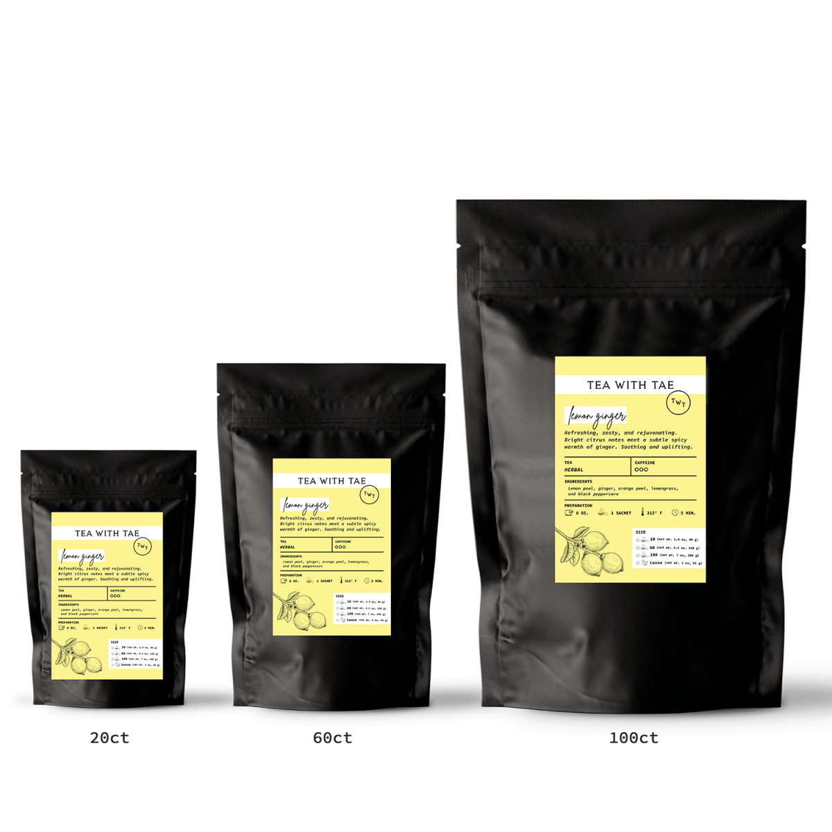 Tea with Tae Lemon Ginger Pouch, eco-friendly tea sachets featuring a blend of lemon and ginger, caffeine-free herbal tea.