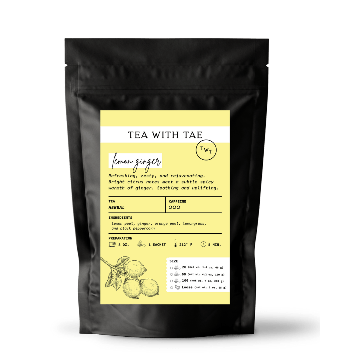 Tea with Tae Lemon Ginger Pouch featuring a vibrant yellow packaging, showcasing lemon and ginger tea blend by Tea with Tae.