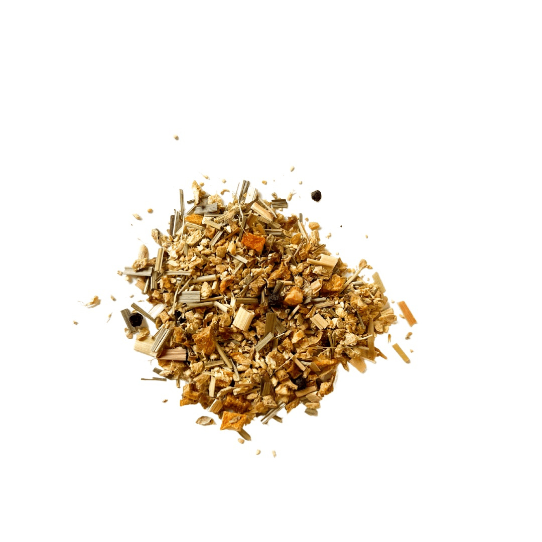 Tea with Tae Lemon Ginger Pouch featuring a vibrant lemon and ginger blend, packaged in a colorful pouch.