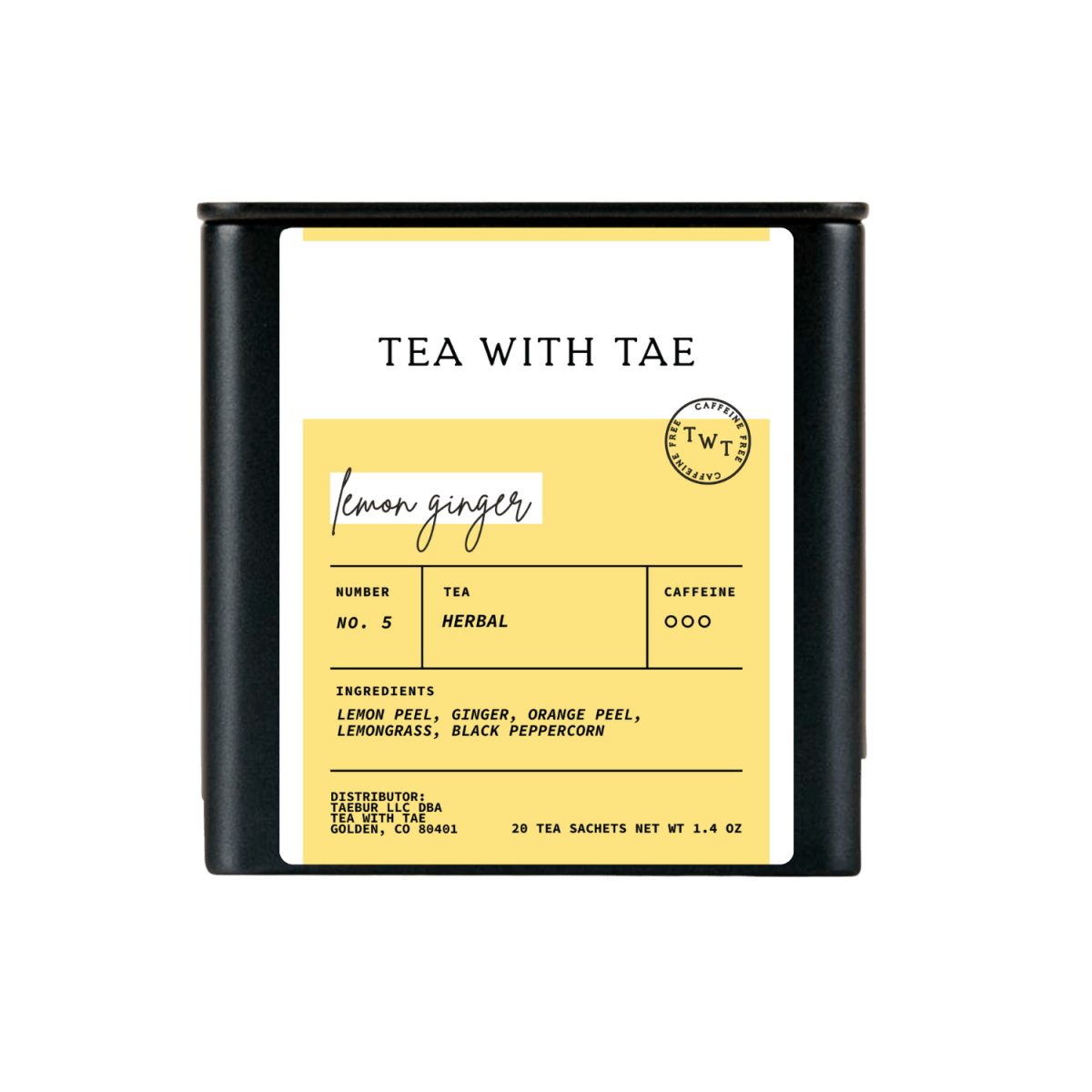 Tea with Tae Lemon Ginger Tea Tin Gift (20 tea sachets) featuring eco-friendly tea sachets in a compact tin.