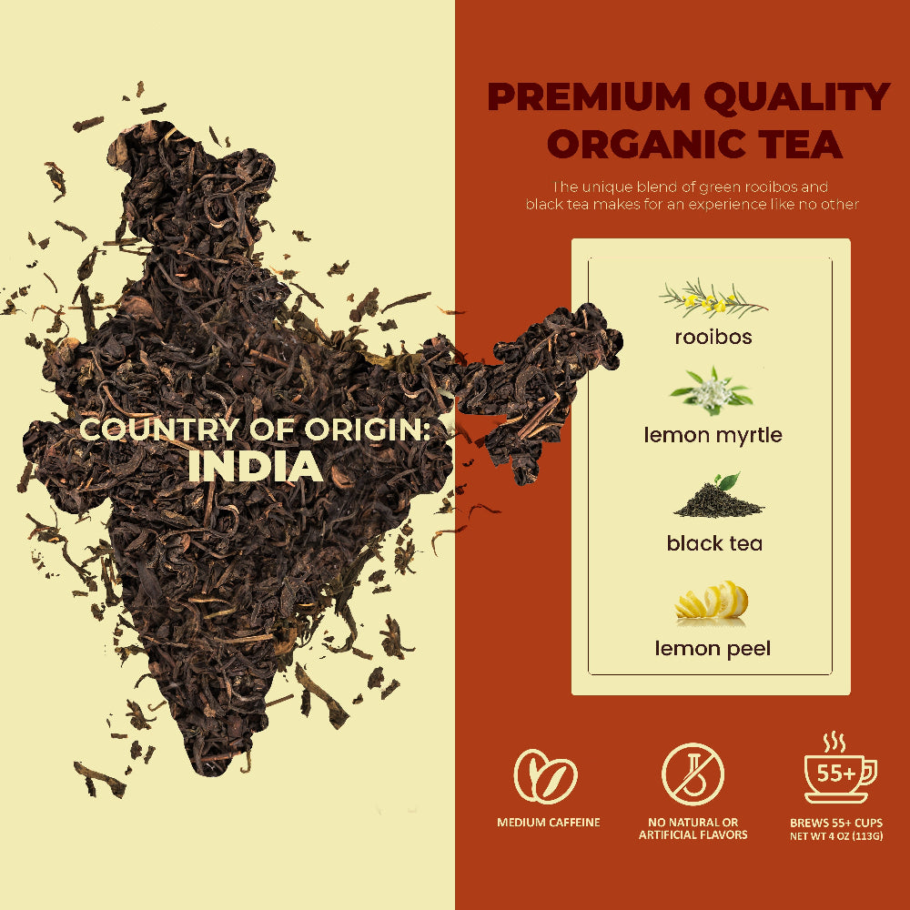 Gardenika Lemon Essence Black Loose Leaf Tea with Green Rooibos, USDA Organic, 55+ Cups – 4 Oz (113g)