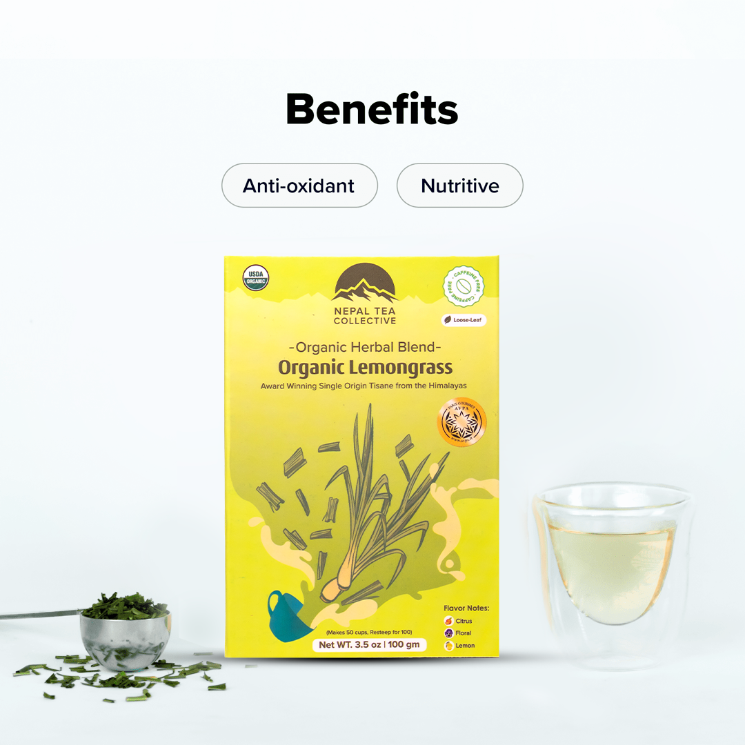 Organic Lemongrass by Nepal Tea, showing dried lemongrass leaves in a natural setting