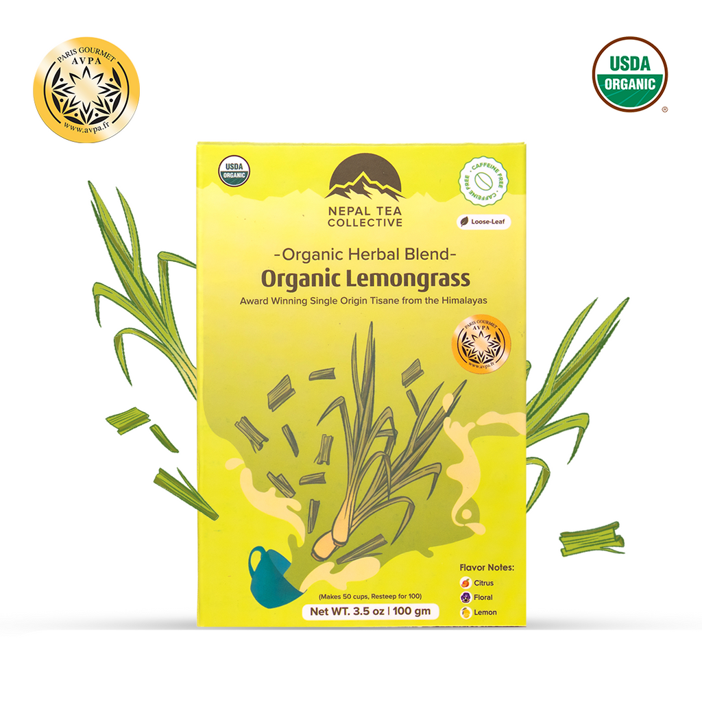 Organic Lemongrass by Nepal Tea, a naturally decaffeinated brew with bright lemon notes, shown in a tea setting.