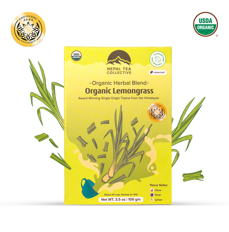 Organic Lemongrass by Nepal Tea, a naturally decaffeinated brew with bright lemon notes, shown in a tea setting.