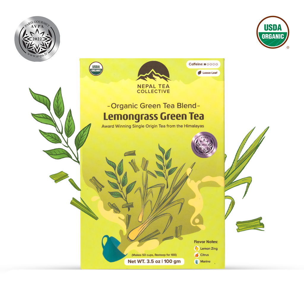 Lemongrass Green Tea by Nepal Tea, showing the tea leaves and packaging in a natural setting