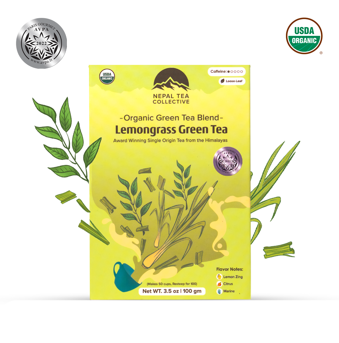 Lemongrass Green Tea by Nepal Tea, showing the tea leaves and packaging in a natural setting