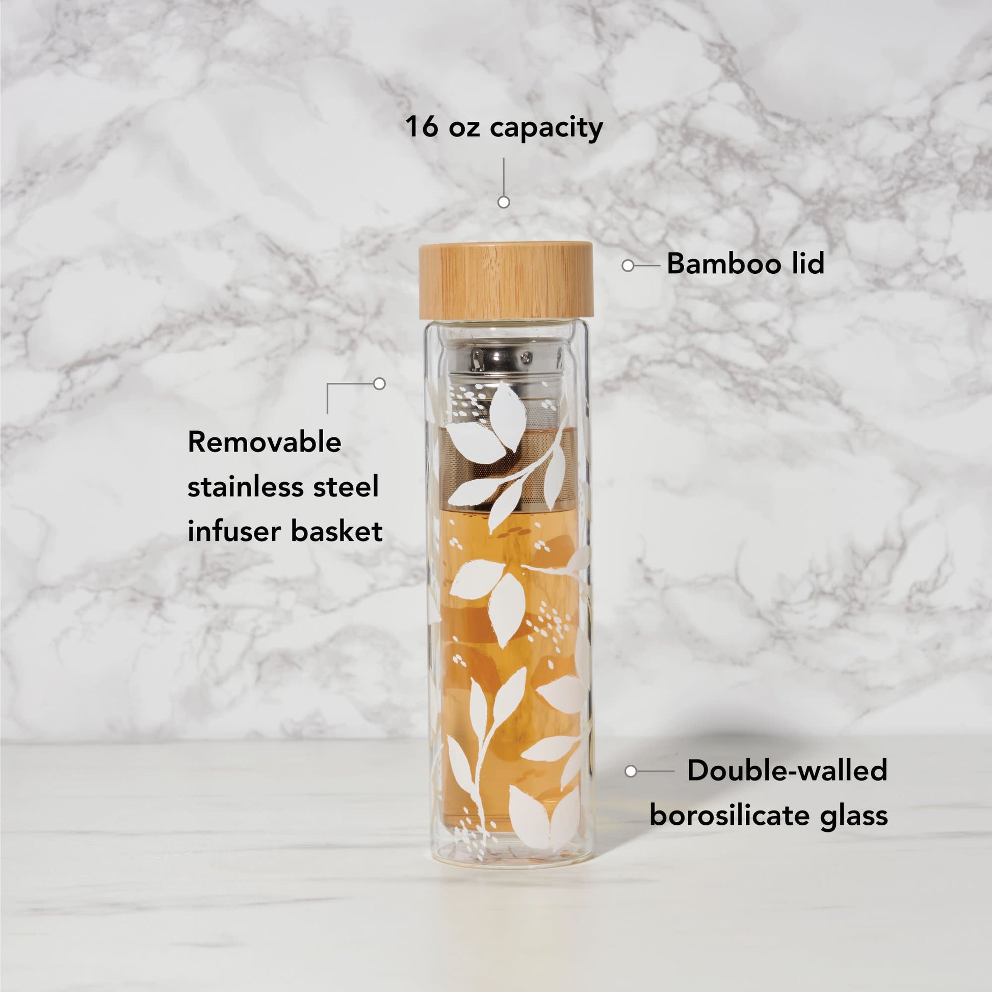 Pinky Up Blair: White Leaf Pattern Glass Travel Infuser Mug