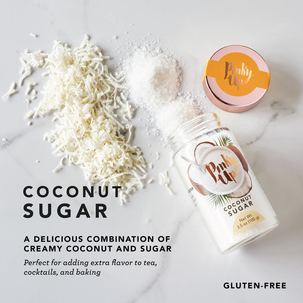 Pinky Up Coconut Sugar in a clear bag with a label, showcasing the product's texture and natural color.