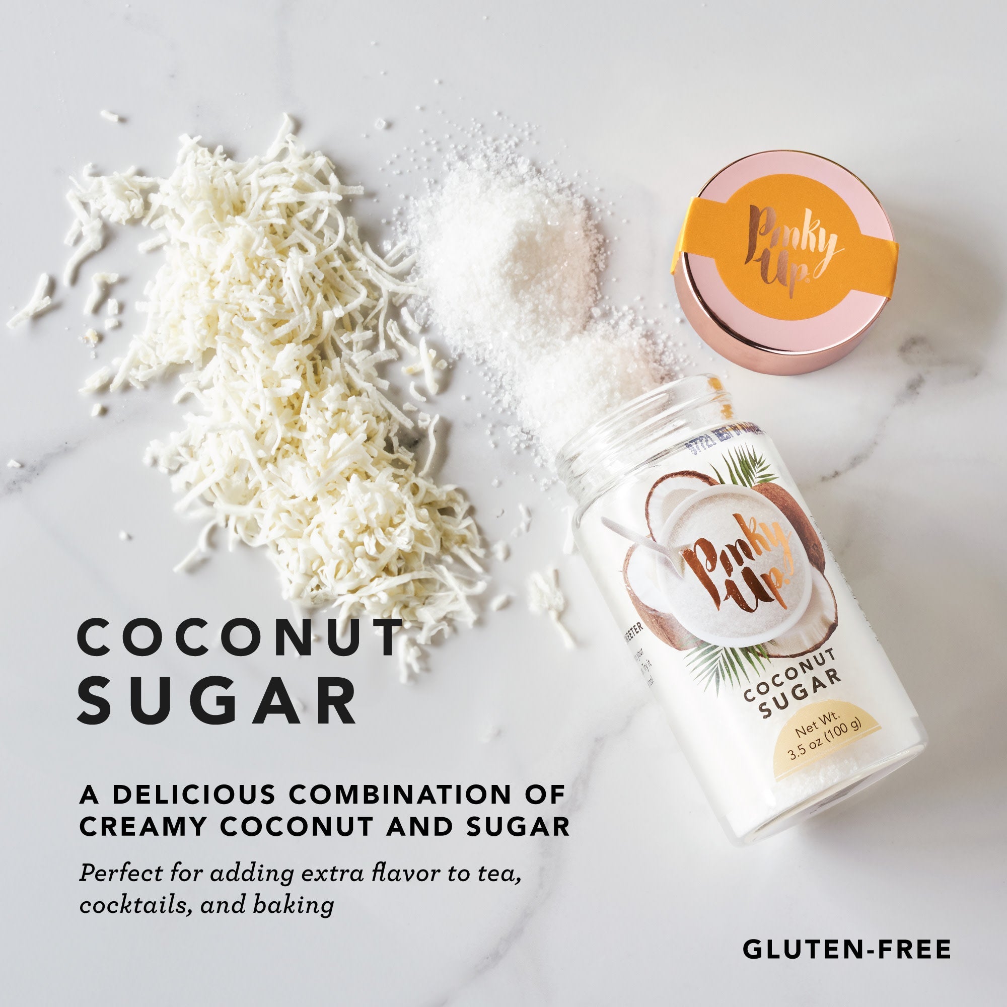 Pinky Up Coconut Sugar in a clear bag with a label, showcasing the product's texture and natural color.