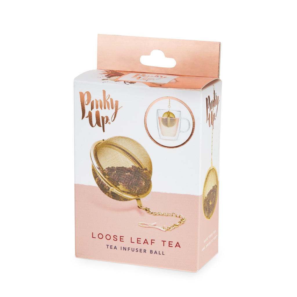 Pinky Up Small Tea Infuser Ball in Gold, a round gold tea infuser designed for steeping loose leaf tea.