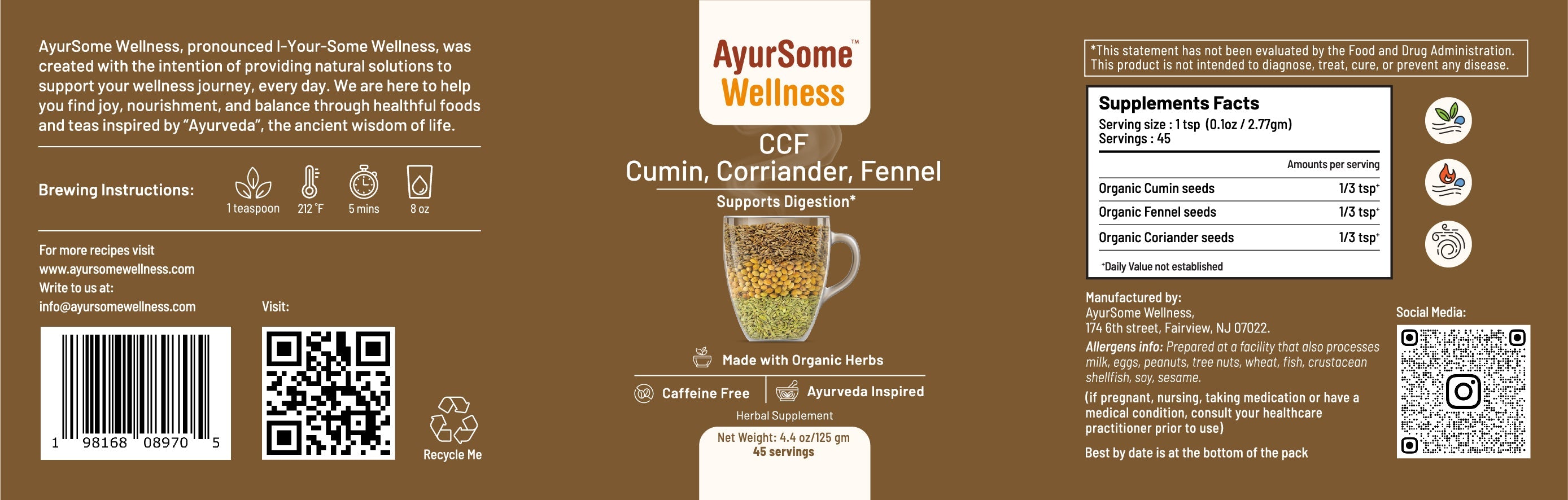 AyurSome Wellness CCF Tea | Organic Cumin Coriander Fennel Digestive Tea Herbal Tea