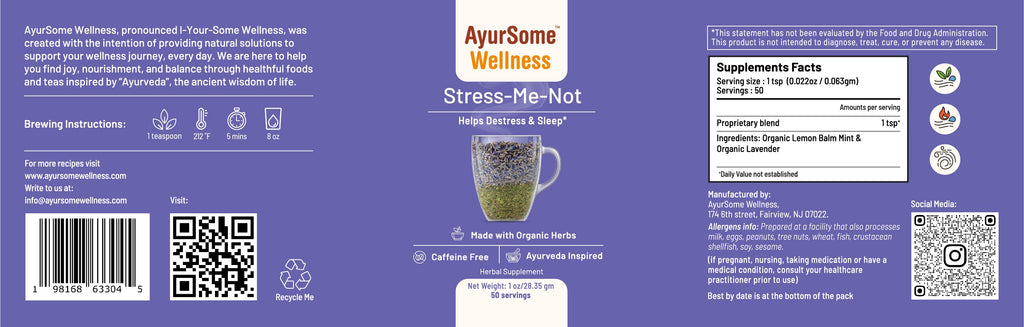 AyurSome Wellness Stress-Me-Not Tea | Organic Lemon Balm, Lavender Tea Blend Herbal Tea