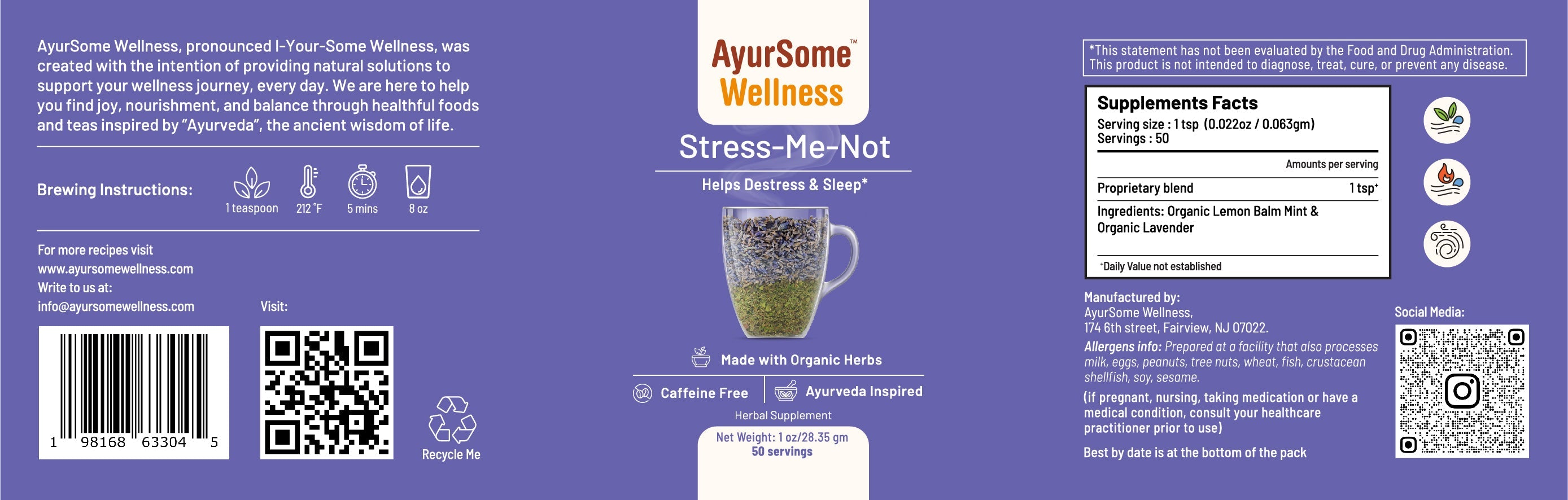 AyurSome Wellness Stress-Me-Not Tea | Organic Lemon Balm, Lavender Tea Blend Herbal Tea