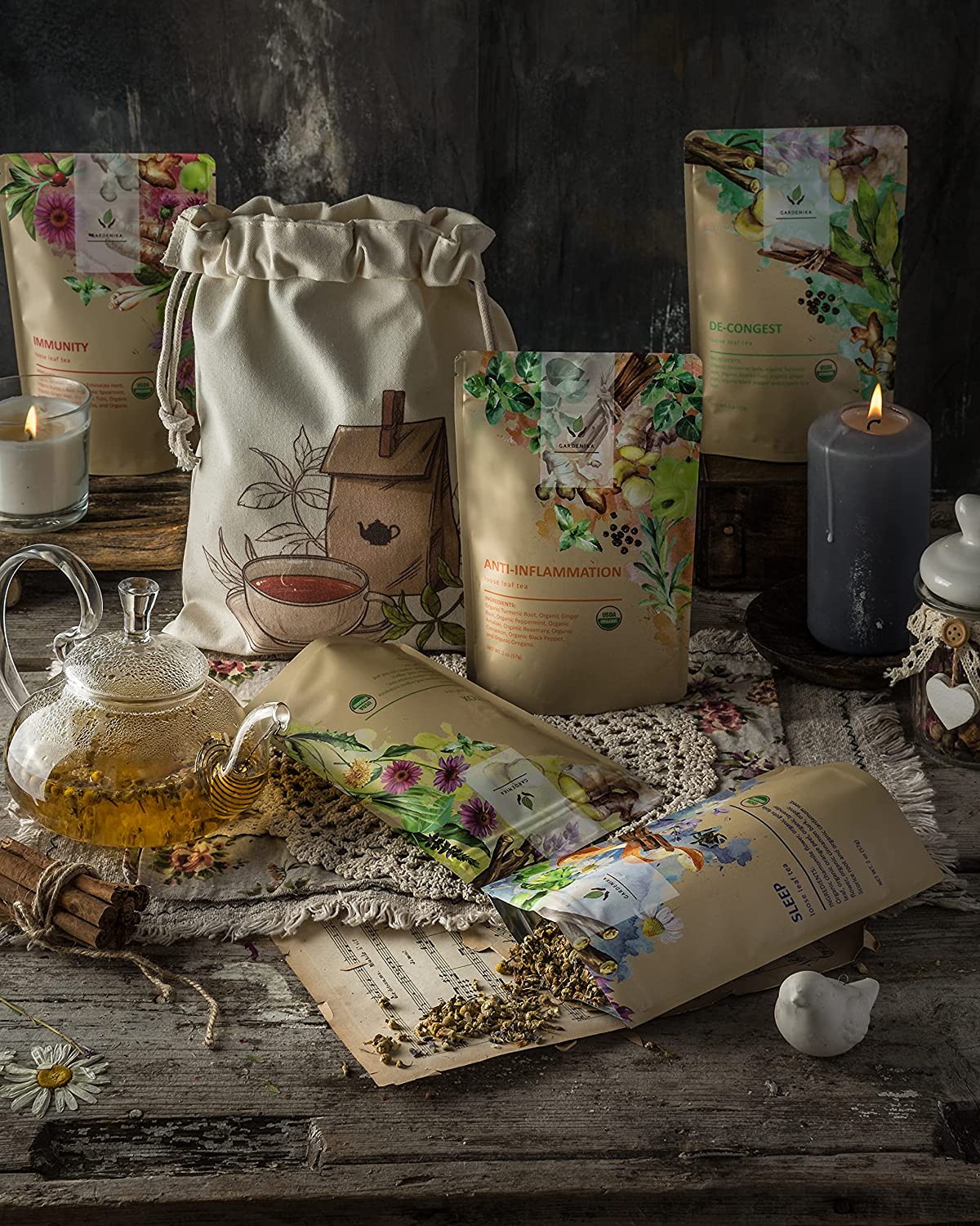 Gardenika Gardenika Loose Leaf Herbal Tea Gift Sampler, USDA Organic, Caffeine Free, 120+ Cups – 5 Pack