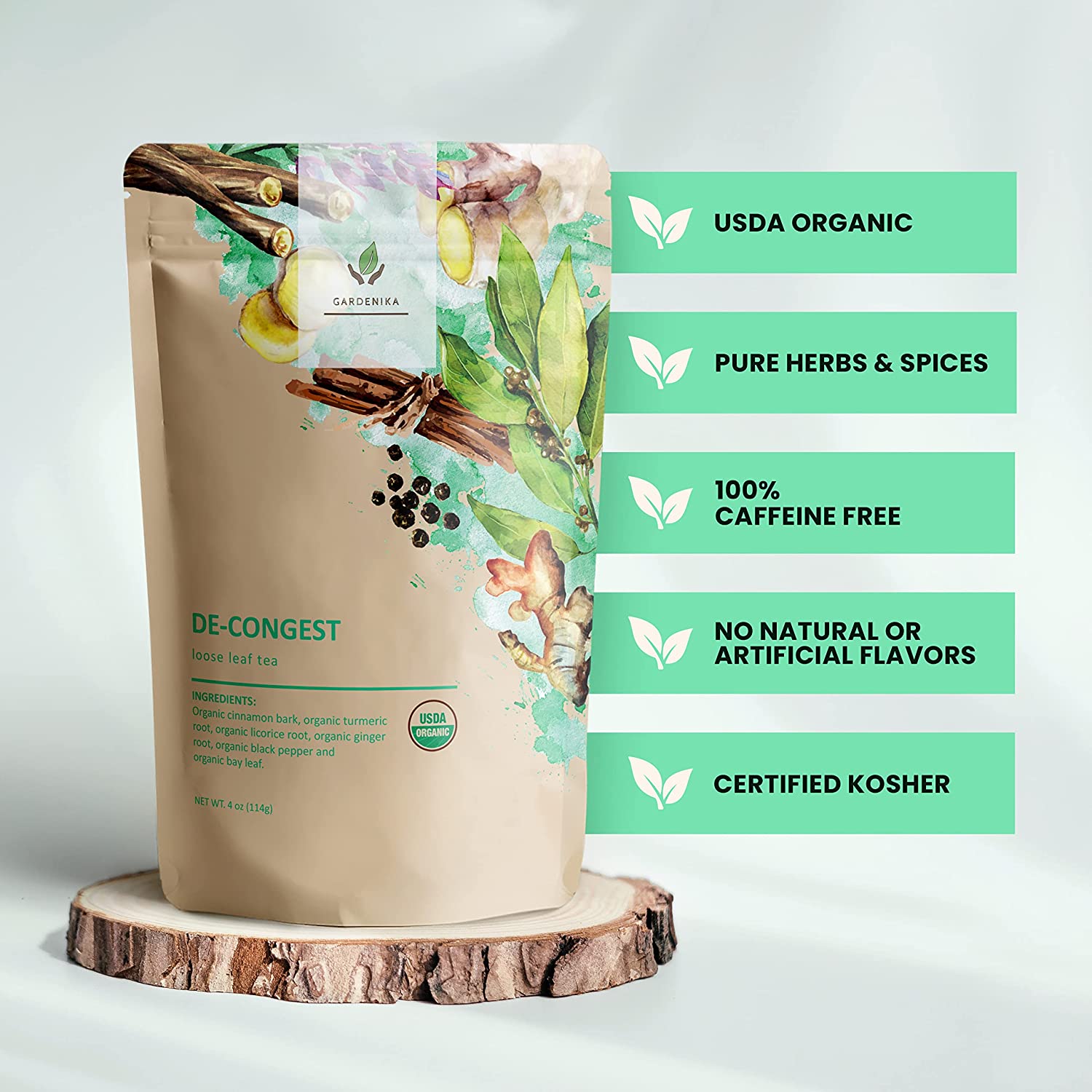 Gardenika Decongest Loose Leaf Tea, Organic, Kosher, Herbal & Caffeine-Free - 4 oz (114g)