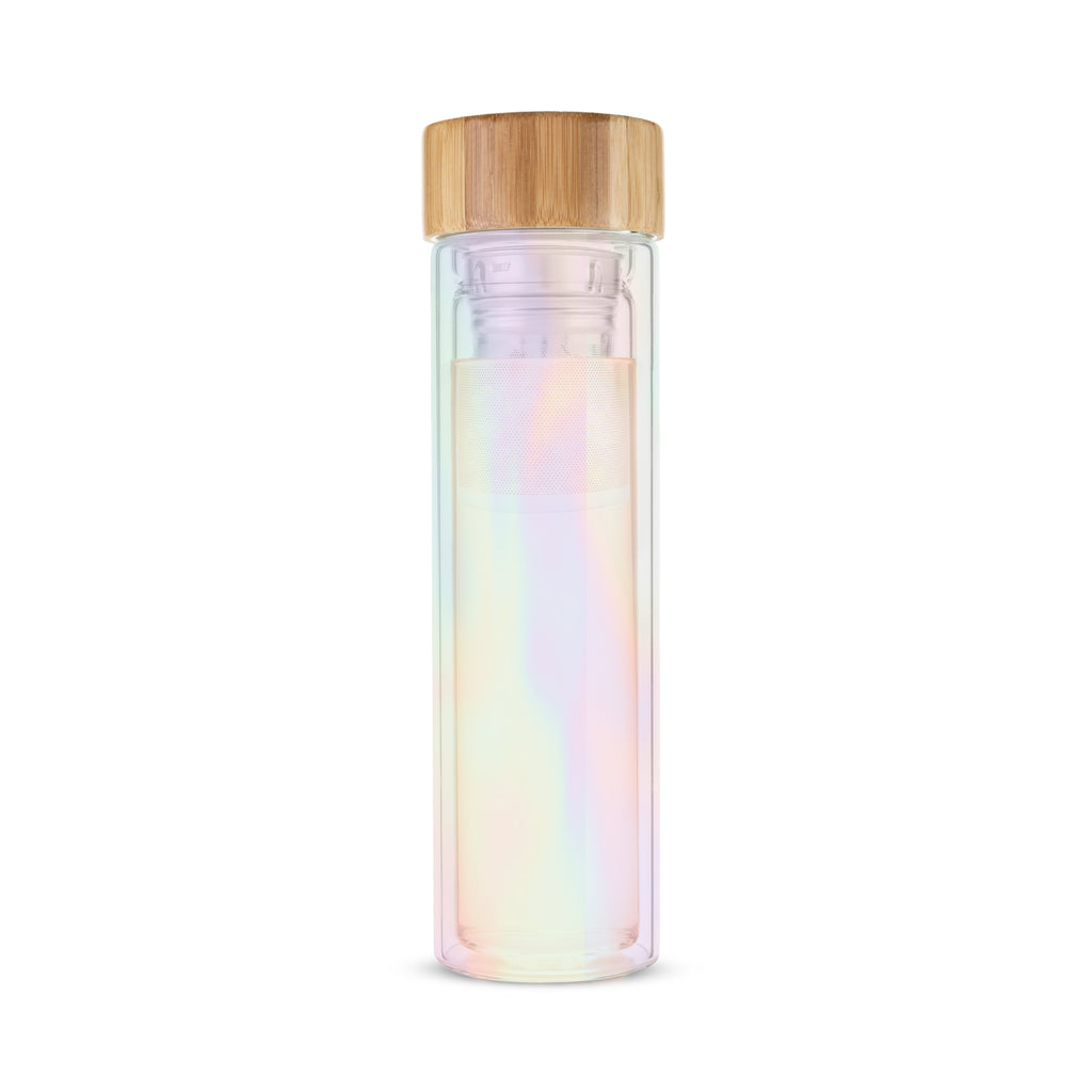 Pinky Up Blair: Iridescent Glass Travel Infuser Mug with detachable strainer, double-walled borosilicate glass, 16 oz capacity.