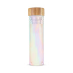 Pinky Up Blair: Iridescent Glass Travel Infuser Mug with detachable strainer, double-walled borosilicate glass, 16 oz capacity.
