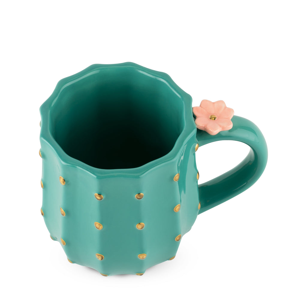 Pinky Up Cactus Mug, a ceramic mug with metallic details, 12 fl oz capacity, featuring a 3D flower handle detail.