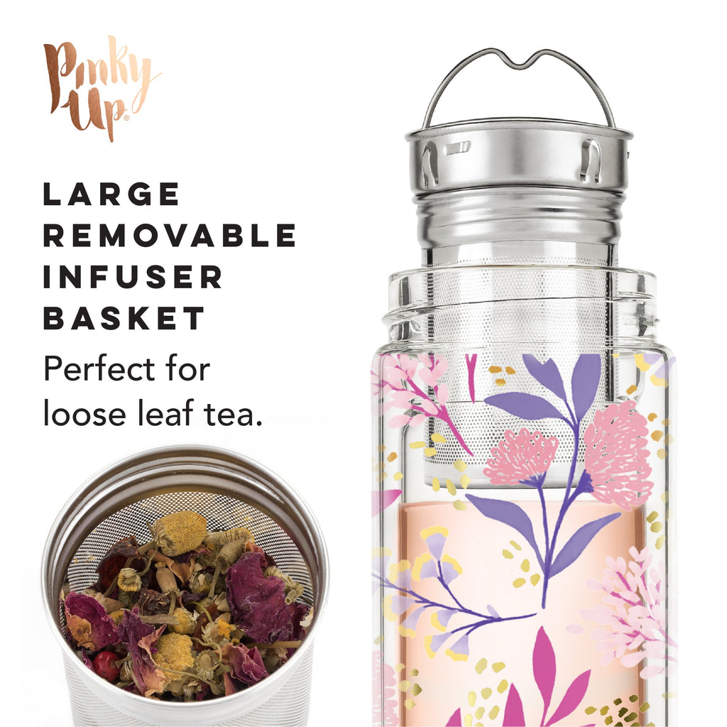 Pinky Up Blair: Botanical Bliss Glass Travel Infuser Mug featuring a glass design with infuser for loose leaf tea.