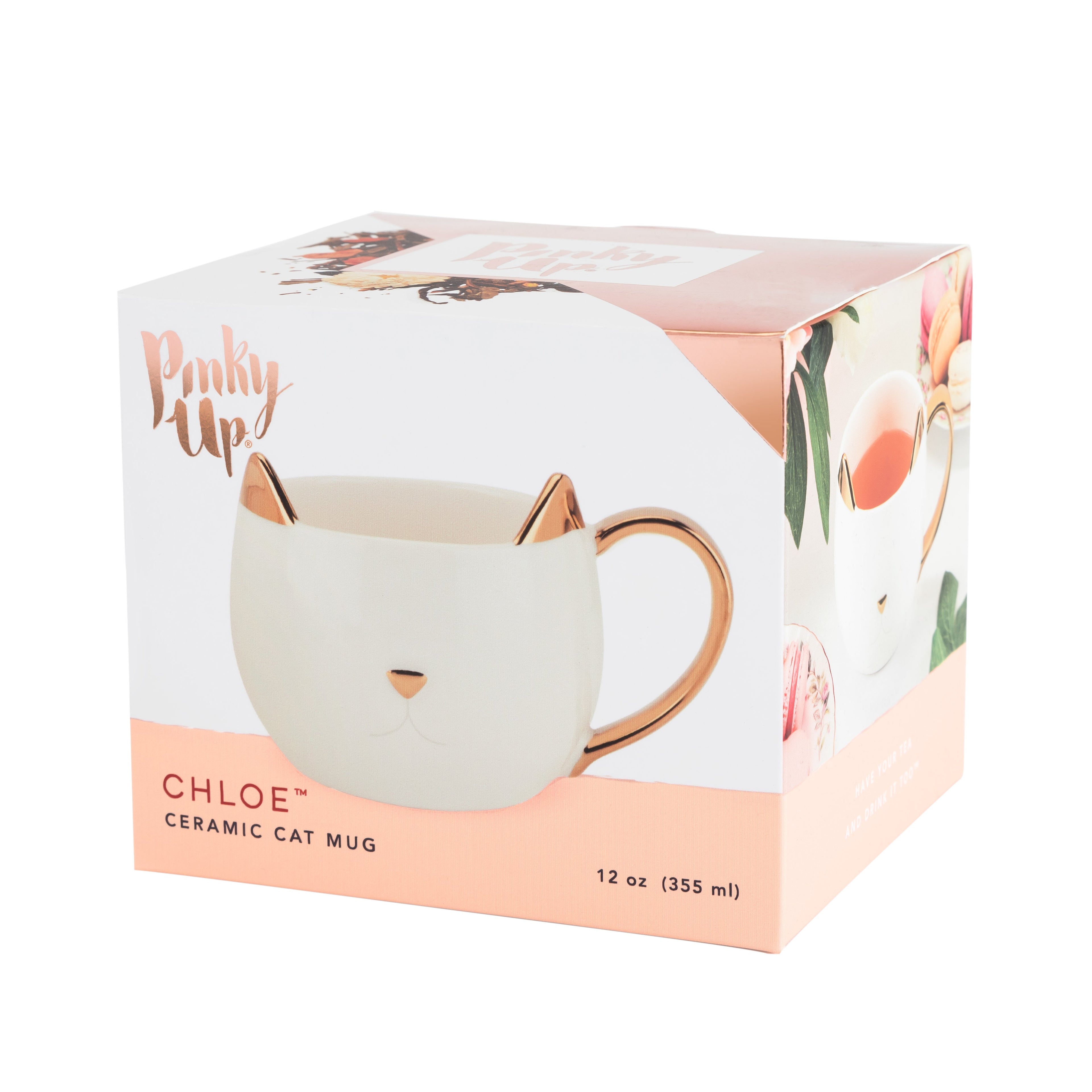 Pinky Up Chloe White Cat Mug featuring a white cat design on a ceramic mug. Ideal for cat lovers and tea or coffee enthusiasts.