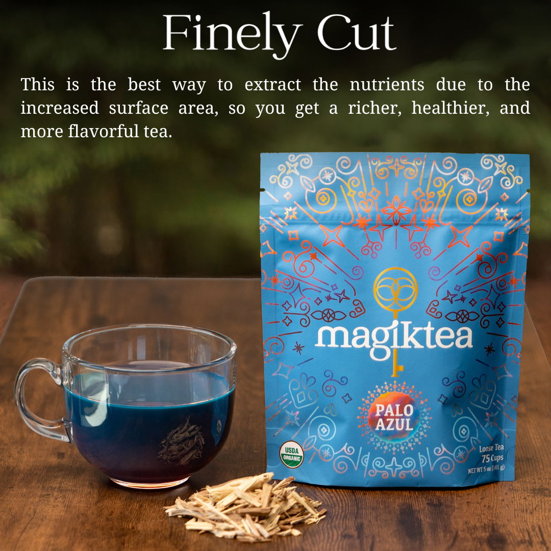 magiktea Palo Azul tea package with a cup of tea and tea leaves on a wooden surface