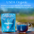 Magiktea USDA Organic Palo Azul tea package with a cup of tea on a blurred natural background