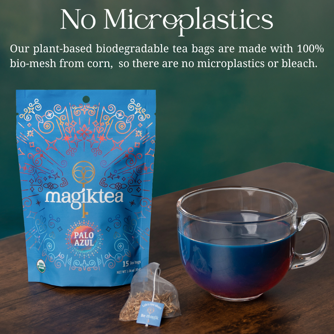 magiktea tea package with a cup of tea on a wooden surface, emphasizing plant-based biodegradable packaging.
