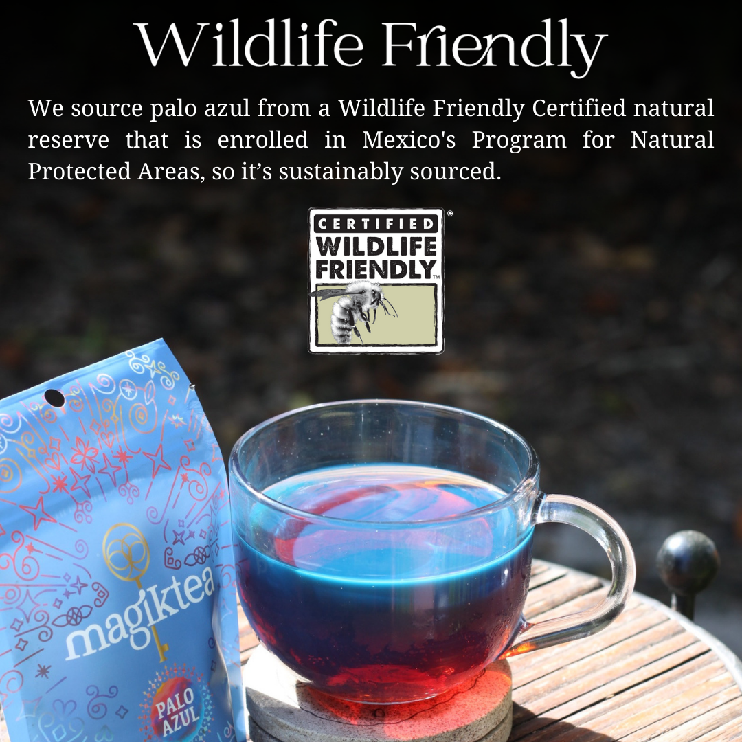 Tea bag and cup of tea with 'Certified Wildlife Friendly' label on a natural background