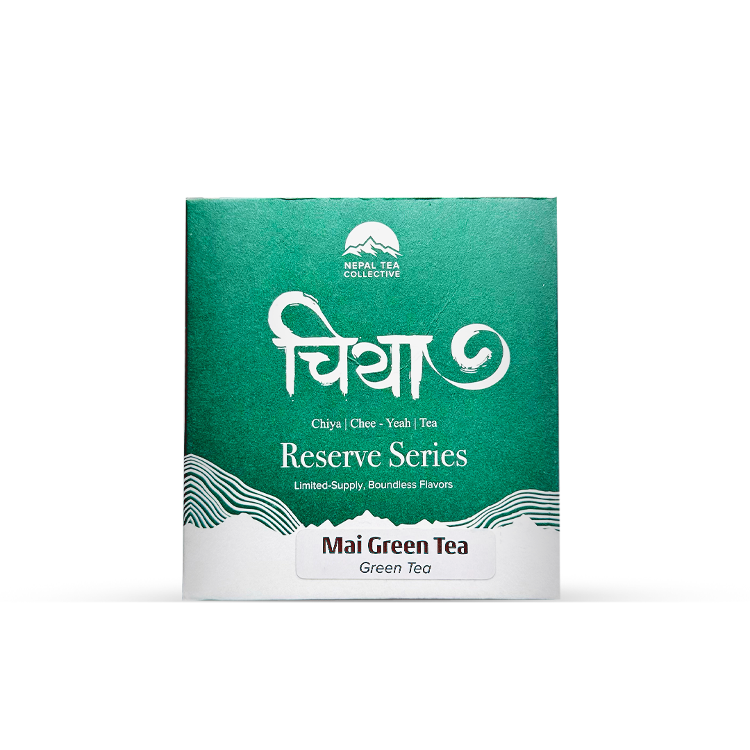 Mai Green Tea by Nepal Tea, shown in a package, is a mellow green tea with grassy and citrus notes