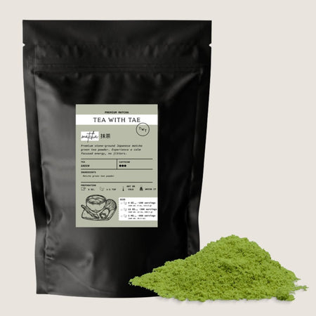 Tea with Tae Matcha Pouch, 4oz. or 1kg options, high caffeine, all-natural, featuring stone-ground Japanese matcha.