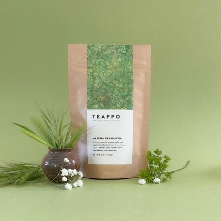 Teappo Matcha Genmaicha, 2.5 oz package of organic green tea and brown rice blend, showcasing vibrant green color and packaging.