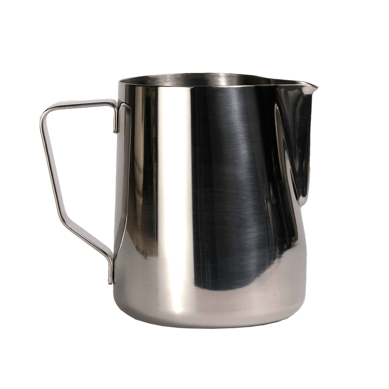 Stainless Steel Milk Jug by Somage USA, a durable jug for making lattes, chocolates, and chais, shown in the image.