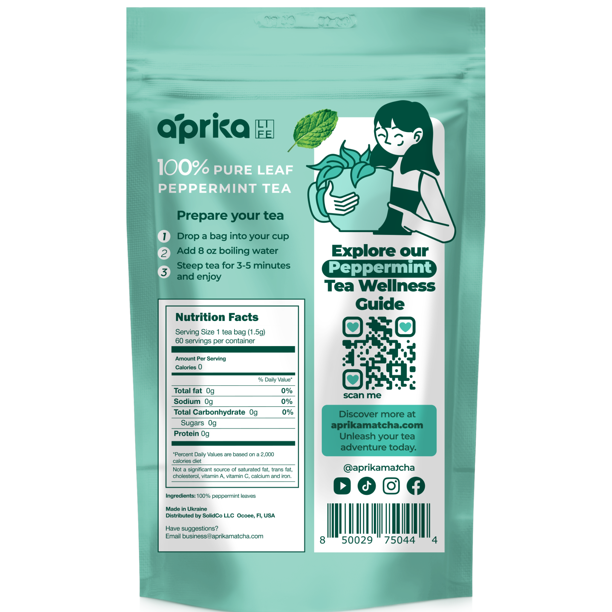 Aprika Life 100% Pure Peppermint Herbal Tea, 60 Bags