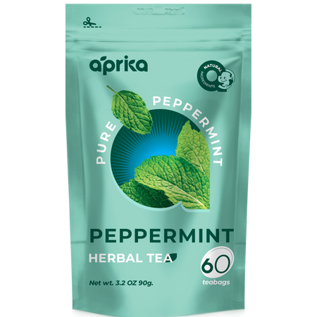 Aprika Life 100% Pure Peppermint Herbal Tea, 60 Bags, shown in a tea bag display with peppermint leaves and tea cup.